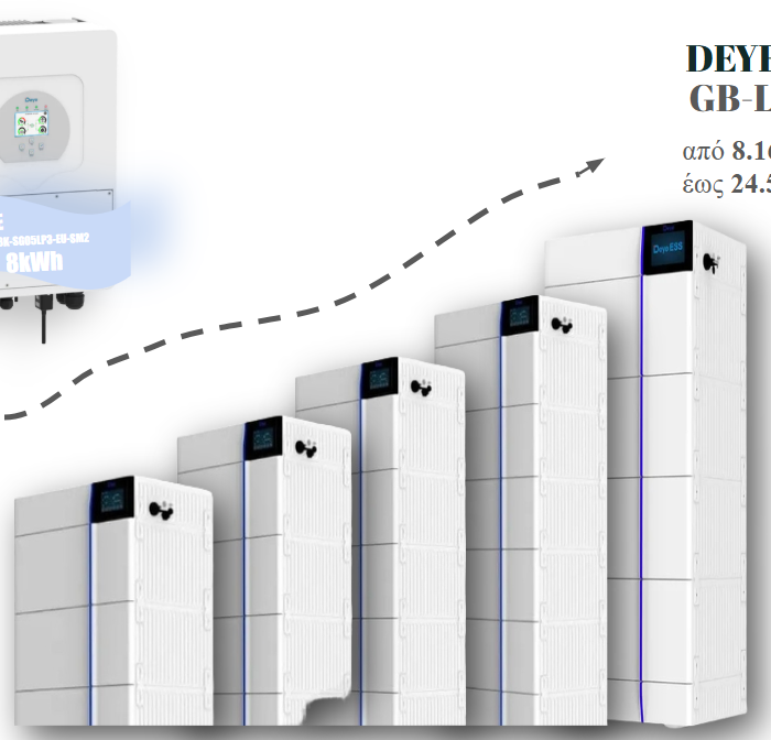 Deye 8kW Τριφασικό Υβριδικό Φωτοβολταϊκό Σύστημα με Μπαταρία 8–24kWh (SUN-8K-SG01HP3 + GB-L-Pro)