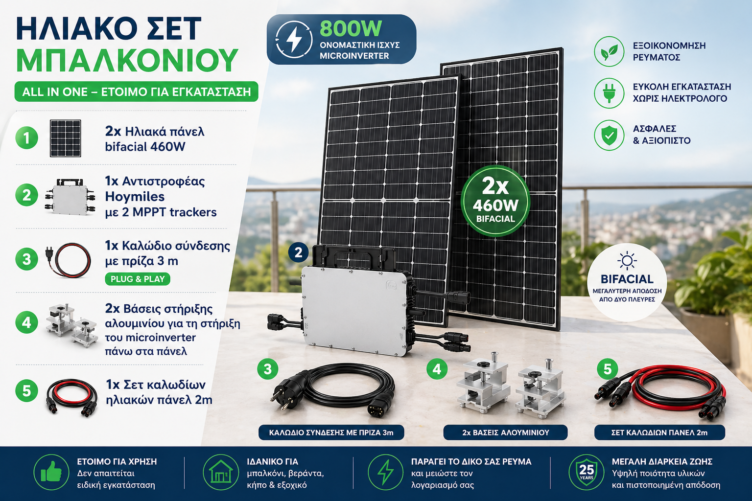 Balcony Solar Kit 800W – Hoymiles HMS-800-2T + 2x JA Solar 460W Bifacial Black (920Wp) - Image 5